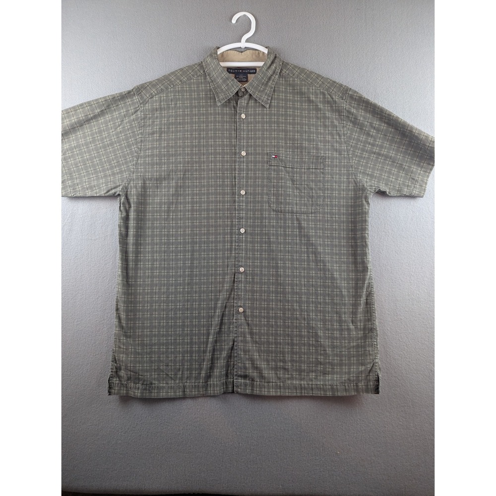 Tommy Hilfiger Mens Large Short Sleeve Plaid Button Down Shirt Olive Green